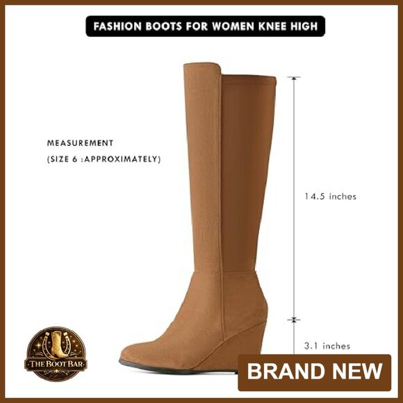 Knee High Wedge Boots Stretchy Suede Side Zipper Almond Toe - Picture 4 of 7